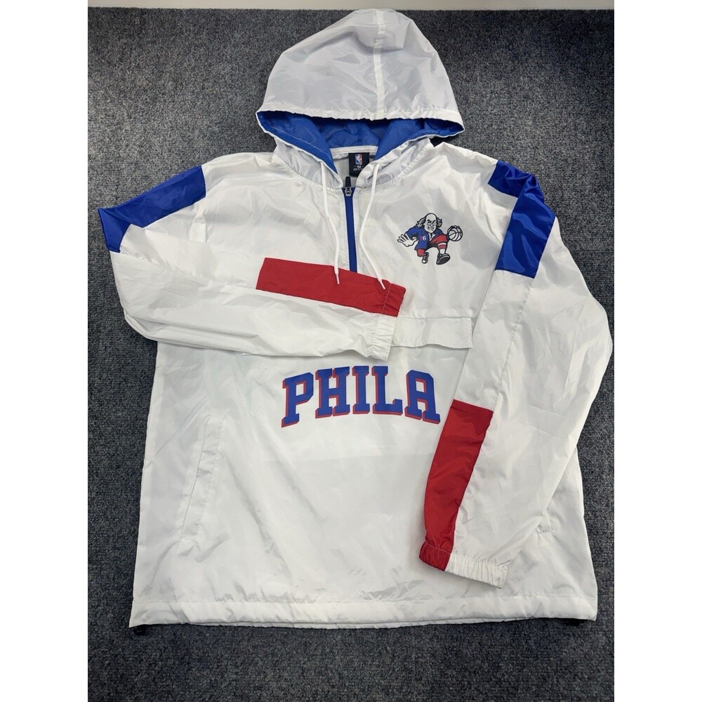Philadelphia 76ers NBA Men’s Medium Hooded Windbreaker Jacket White PHILA